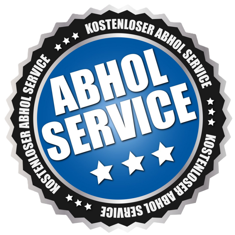 Siegel: Kostenloser Abholserive Blaues Siegel mit dem Text „ABHOL SERVICE“ und drei Sternen.